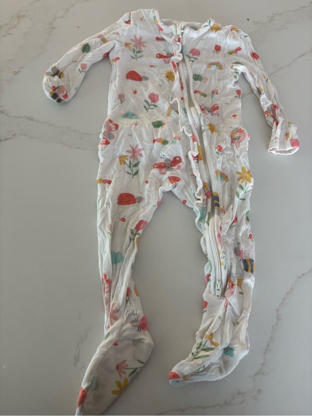 Angel Dear White Floral & Mushroom Footed One-Piece with ruffles